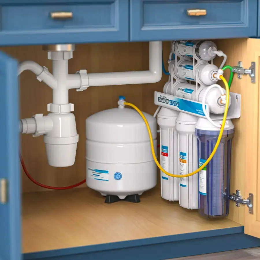 Close up of a reverse osmosis system under a sink