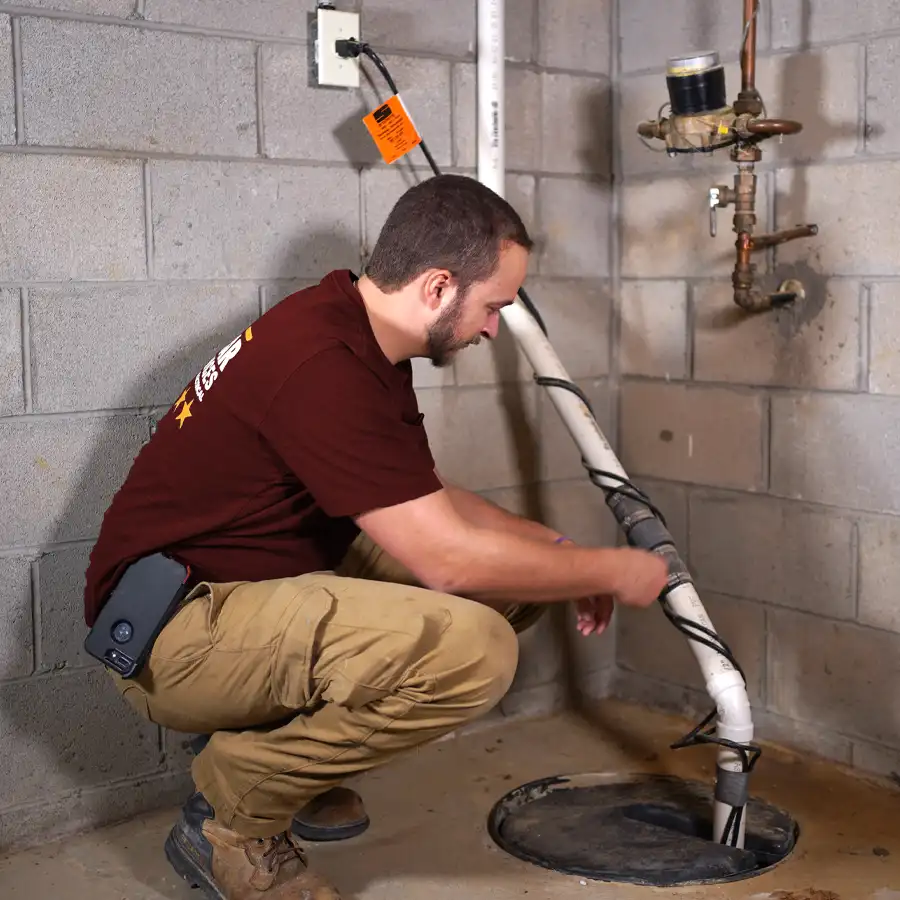 Plumber investigating a sump pump